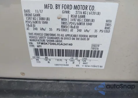 2018 Ford Explorer Xlt из США, поврежденный, VIN 1FM5K7D86JGA24140